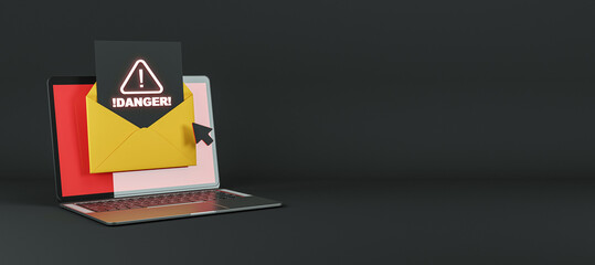Danger alert email on laptop screen. 3D Rendering