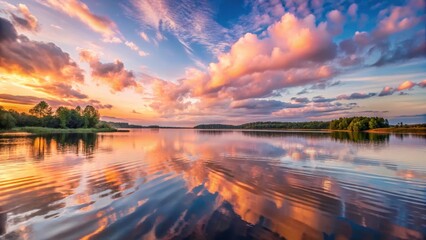 Soft pink clouds gently floated above a peaceful lake at sunset, with ripples on the water creating a sense of movement and tranquility , serene, landscape