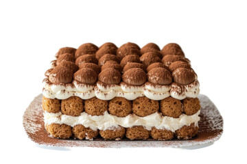 Square dessert with cocoa powder topped with multiple layers of biscuit and creamy mascarpone on white plate isolated in a transparent background