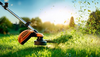 Hand held grass trimmer mowing green lawn. Grass shreds flying around the gardening tool.