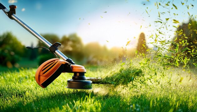 Hand held grass trimmer mowing green lawn. Grass shreds flying around the gardening tool.