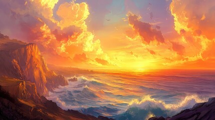 Fototapeta premium A sweeping view of cliffs bathed in golden light, overlooking the crashing ocean waves below, framed by a colorful sunset sky