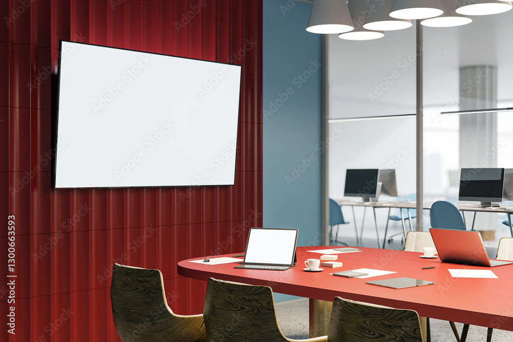 Poster modern conference room interior with red table and blank screen. 3d rendering