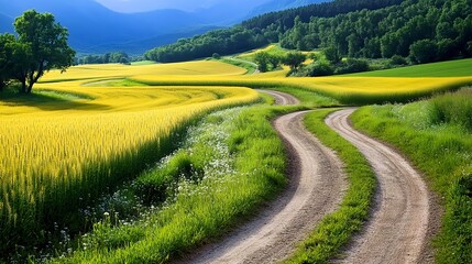 Winding Country Road, Yellow Fields - Vibrant Colors: The strong co.