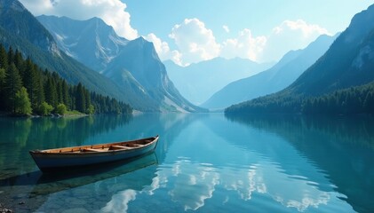 Obraz premium Crisp air, glassy mountain lake, solitary rowboat awaits , scenic, picture
