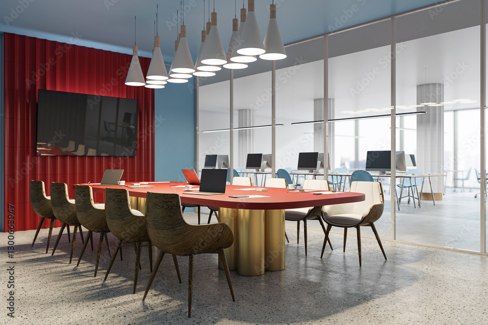 Poster modern conference room with red table and wooden chairs. 3d rendering