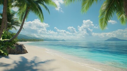 A tropical beach paradise with calm turquoise waters, a white sandy coastline, and palm trees framing the peaceful scene