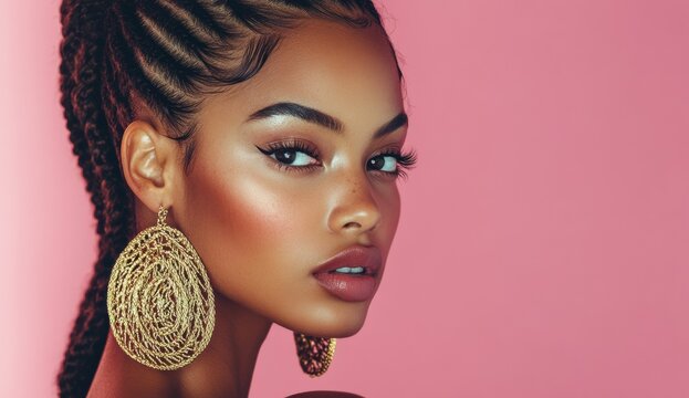 A glowing African American woman with braided hair and large earrings shines gracefully against an orange pink background.