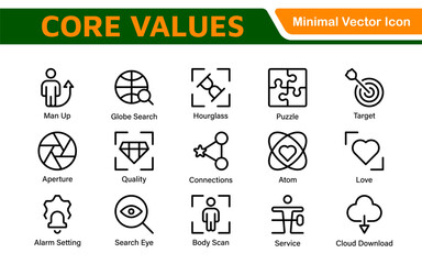 Core Values outline icons set. Core, values, business, leadership, goals, target, client, quality, success, responsibility and quality.