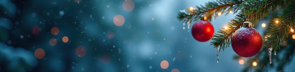 Obraz premium Sparkling icicles hanging from fir tree branches with ornaments, festive, holiday, icicles