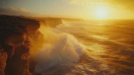 Fototapeta premium A wide view of a golden-lit cliffside, with crashing waves sending sprays of water into the air, creating a breathtaking ocean scene