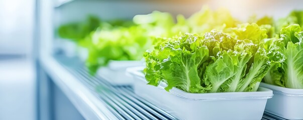 Optimizing Storage for Food Safety and Quality Assurance concept. Fresh Green Lettuce Brought Together in White Tray in Refrigerator for Healthy Meal Preparation