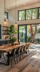 Obraz premium Sunlit modern dining room with garden view