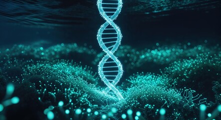 Intricate visualization displays a DNA double helix emerging from a luminous underwater setting, representing breakthroughs in medical research focused on viral genomes and their analysis