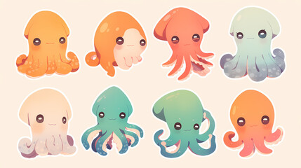 Colorful cartoon octopuses in various playful poses, showcasing marine life in a cheerful setting