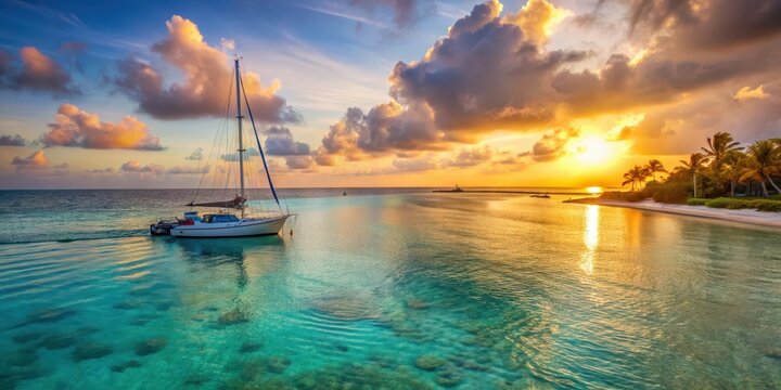A sailboat is anchored in the crystal-clear waters of a tropical beach at Los Roques with coral and palm trees surrounding it