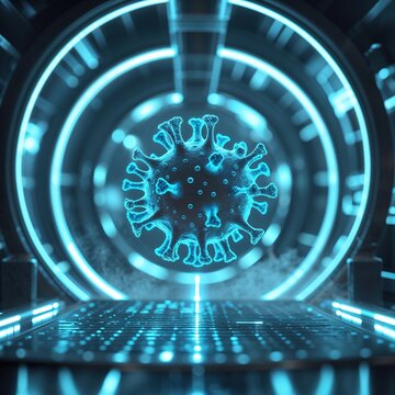 A detailed exploration of a virus is showcased within a high-tech environment, emphasizing its structure and behavior as researchers study its genome for medical applications