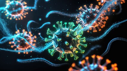 A detailed visualization of viral structures showcases ongoing research in medicine. Scientists analyze genetic data to combat emerging viral threats and uncover genomic secrets for future prevention