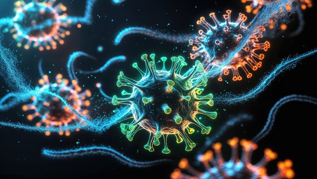A detailed visualization of viral structures showcases ongoing research in medicine. Scientists analyze genetic data to combat emerging viral threats and uncover genomic secrets for future prevention