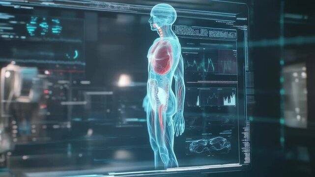 Transparent digital display showing rotating human body, highlighting internal organs and vital signs, with futuristic medical interface and data analysis in a high tech laboratory environment