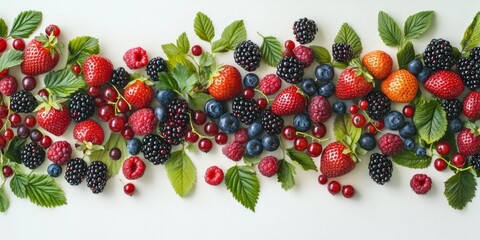 A variety of berries and green leaves beautifully arranged on a table