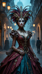 Elegant Woman in Ornate Venetian Carnival Costume Majestic Headpiece Evening City Street