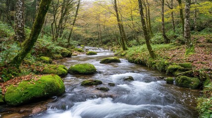 Obraz premium Tranquil Misty Stream in a Foggy Forest Scene