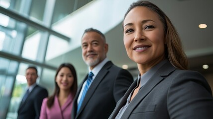 Obraz premium A group of Japanese professionals in business suits exudes confidence in a bright, modern office, showcasing teamwork and leadership