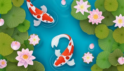 lake top view background with swimming koi fish blue water pound with lily lotus flower  illustration in cartoon style