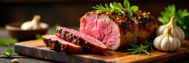 Freshly baked garlic and rosemary infused into tender roast beef resting on a warm wooden platter, cooking, kitchen, flavors