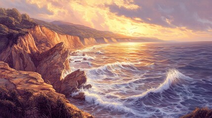 Obraz premium A peaceful yet dramatic cliffside scene with ocean waves breaking below and golden hour light illuminating the rugged rocks above