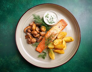 baked salmon with lemon and dill fried potatoes with mushrooms and cream sauce green rustic background top view