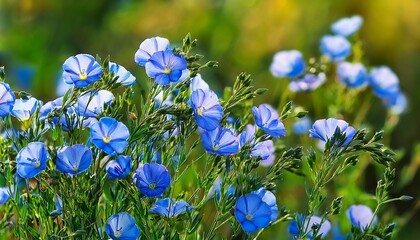 Linseed flax with blue flowers growing in the garden - Linum usitatissimum