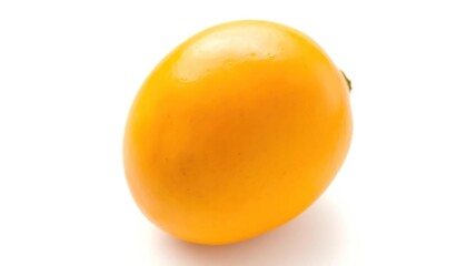 Single ripe mango, vibrant yellow-orange skin, glossy texture, isolated on pure white, produce, macro