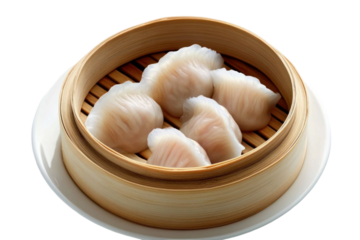 Steaming shrimp dumplings in a bamboo steamer on a white plate