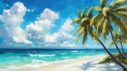Fototapeta premium A serene tropical beach with crystal-clear turquoise waters, white sandy shores, and tall palm trees gently moving with the wind