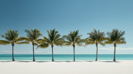 Obraz premium A serene tropical scene with pristine turquoise waters, soft white sand, and a row of palm trees under a sunny sky