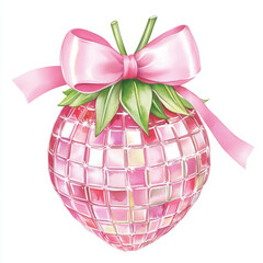 watercolor illustration of pink disco ball shaped like strawberry with ribbon