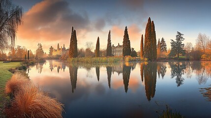 Obraz premium Autumn Sunrise Reflections on Serene Lake, Historic Estates