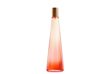 Tall glass perfume bottle with gradient orange red and pink hues on transparent black backdrop. Elegant minimalist perfume flacon with a golden cap and a tapered body
