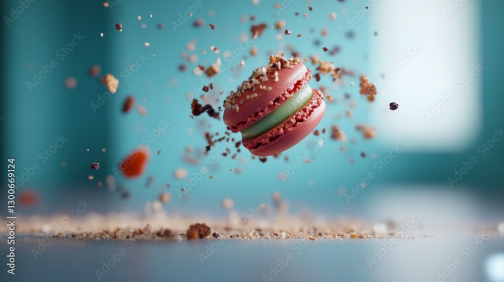 Aufkleber a vibrant macaron hovers above a base of crumbs, surrounded by a soft pastel blue backdrop, creating