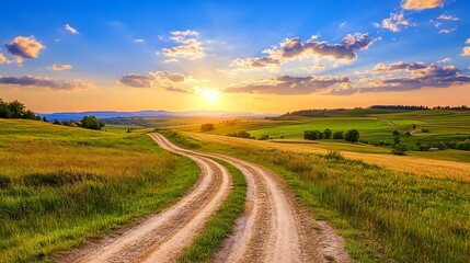 Sunset Country Road, Rolling Hills Landscape - Golden Hour Photography