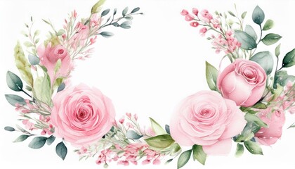 watercolor pink clair martin rose flower bouquet wreath frame wedding invitation template