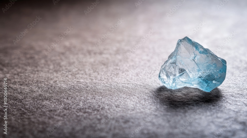 Poster high-angle macro shot highlights an aquamarine gemstone on a textured white background, showcasing i