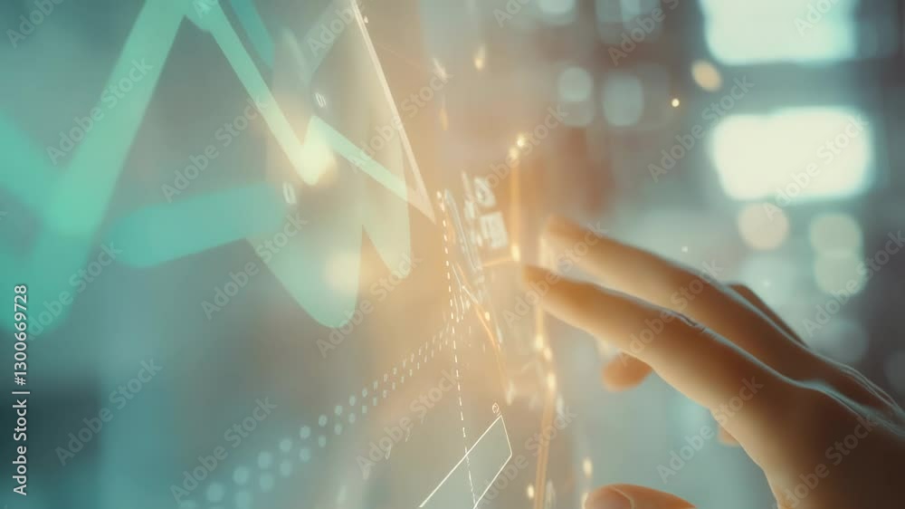 Poster close up of a scientist's hand interacting with a futuristic transparent display showing various dat