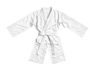 White karate uniform displayed for martial arts training and competitions, ideal for practicing techniques or participating in classes, cut out