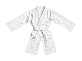White karate uniform displayed for martial arts training and competitions, ideal for practicing techniques or participating in classes, cut out