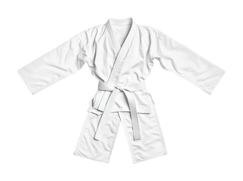 White karate uniform displayed for martial arts training and competitions, ideal for practicing techniques or participating in classes, cut out