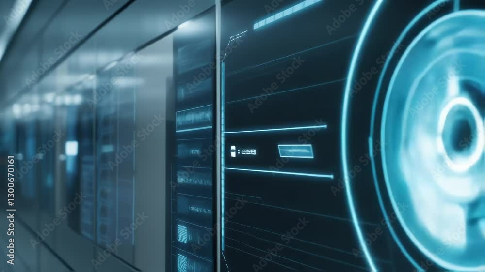 Poster futuristic corridor with digital displays showing loading screens and progress bars, suggesting adva