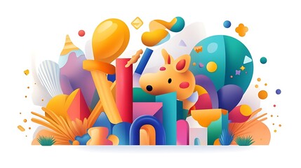 Fototapeta premium Joyful Celebration: Vibrant 2D Illustration of a Playful Animal Amidst Colorful Balloons and Geometric Shapes AI Generated